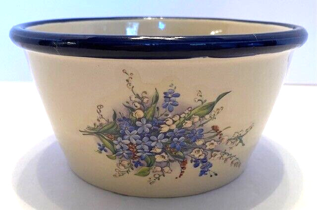 Vintage Blue Rim/Beige Blue Floral 6 Inch-(D) 3″ (H) Country Bowl/Crock/Planter