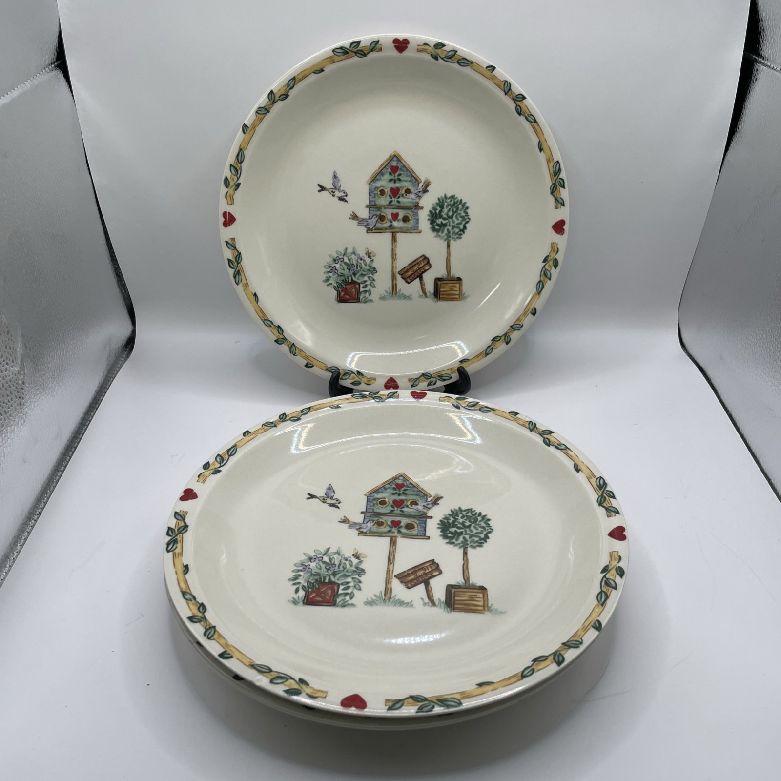3 Dinner Plates Birdhouse Pattern Thomson Pottery 10 1/4″ Cottage Core Farmhouse