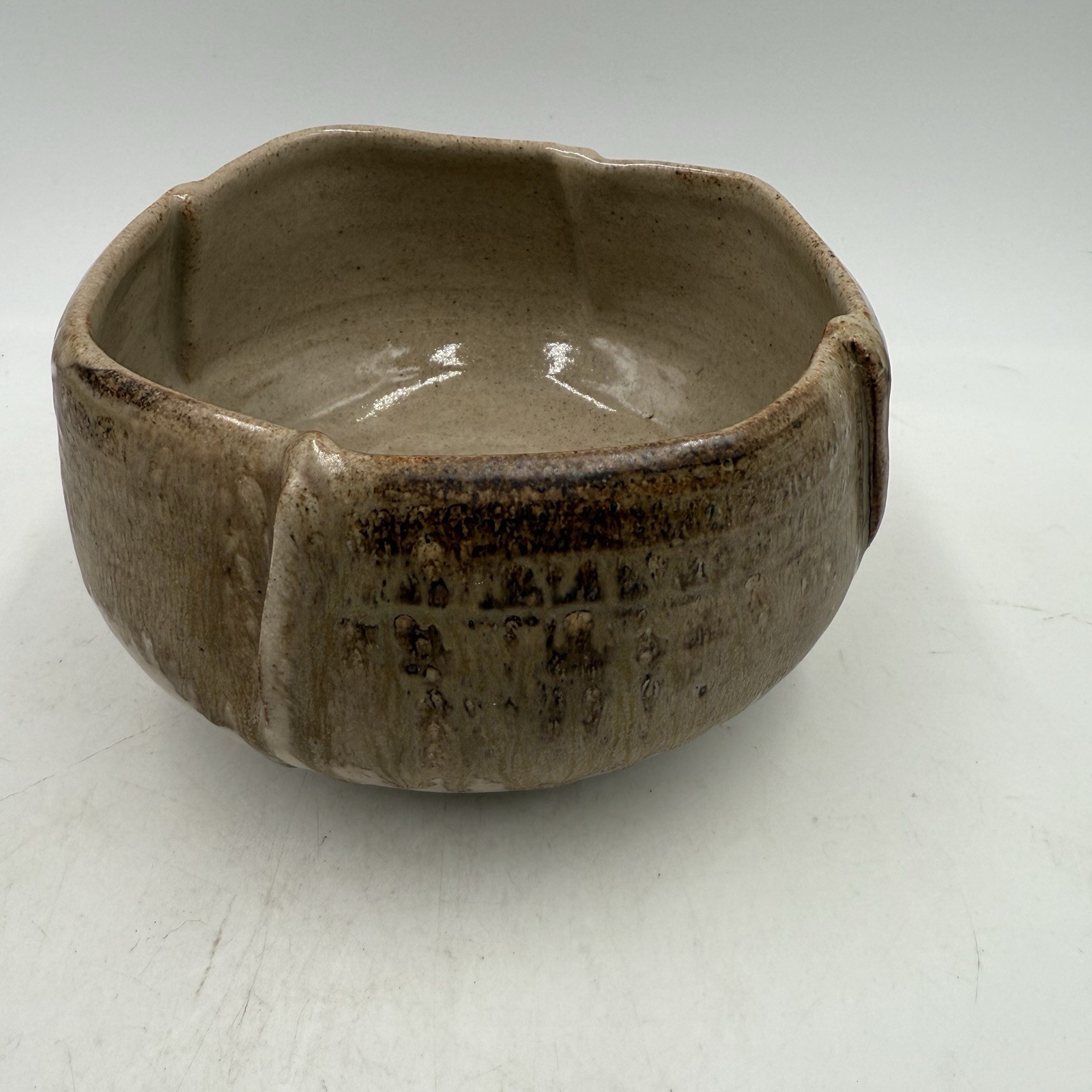 Studio Art Pottery Serving Footed Bowl Pinched Edge Matte Finish 6.25” Diameter