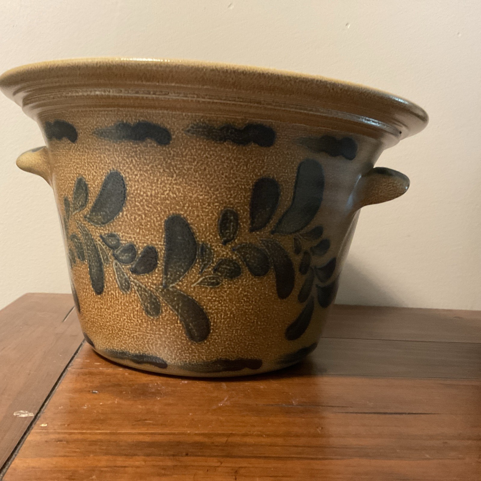 Maple City Pottery Crock Bowl Cobalt Hand Painted Design 7 X11 1/2