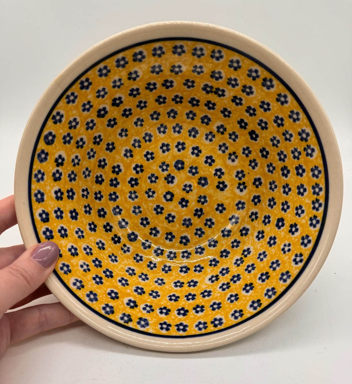 Boleslawiec Polish Pottery Bowl Yellow & Cobalt Blue Flower Pattern White Rim