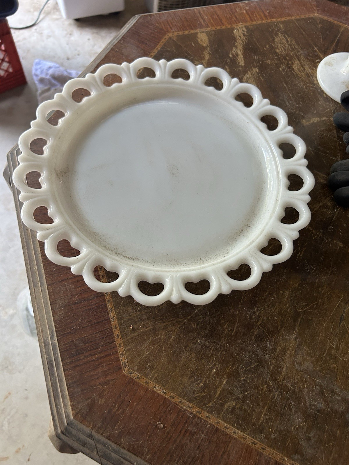 White Milk Glass Round Platter, Openwork Heart Lace Rim, Glossy Finish