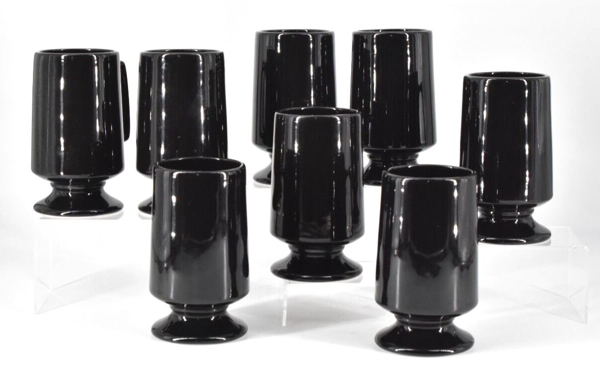 Set of 8 VTG Hall Pottery Black Ceramic Footed Pedestal Irish Coffee Mugs #1873