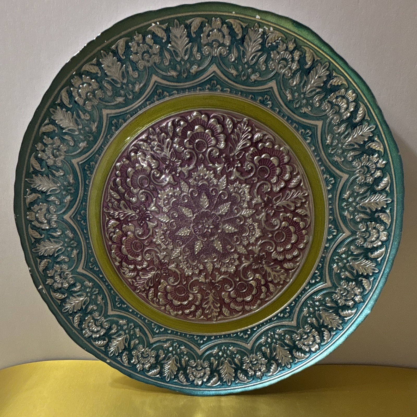 Unmarked Round Metal Decorative Plate, Embossed Floral, Silver Blue Purple