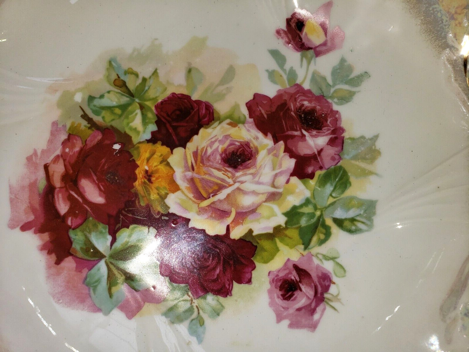 ATQ P S Germany Embossed Porcelain Bowl MOP Luster Rim With Rose Decor 10 1/4″