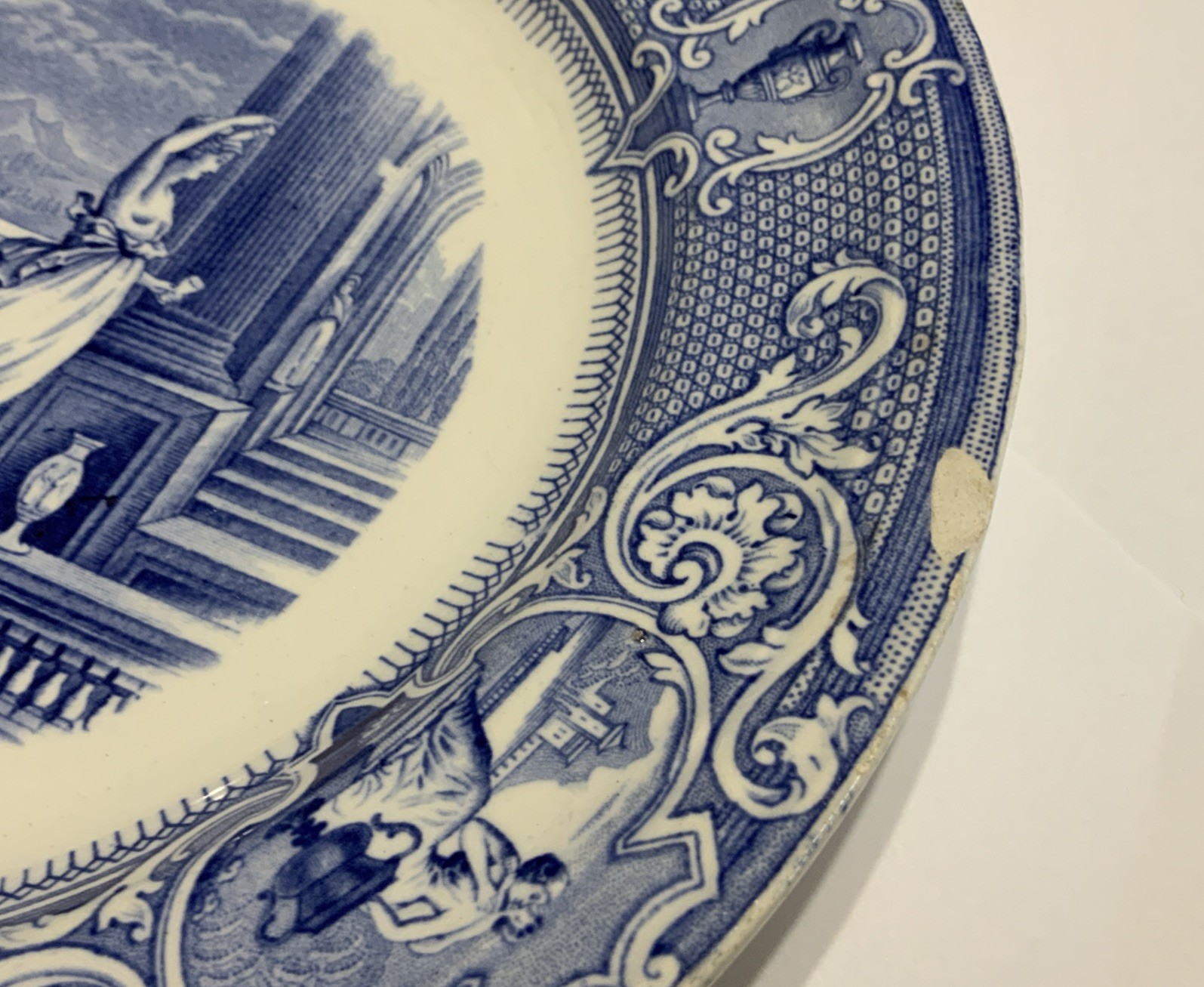 Antique Blue Transferware Dinner Plate, UK,, Grecian Lady & Castle, Davenport