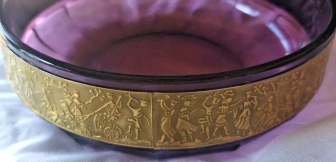 Antique Moser Amethyst Art Glass Bowl W/ Gilded Cameo Frieze 1920s Art Nouveau