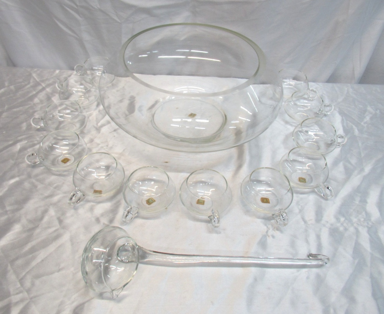 14 Piece Punch Bowl Set w/Ladle Hand Blown Crystal Moderno Riekes Crisa NOS Vtg