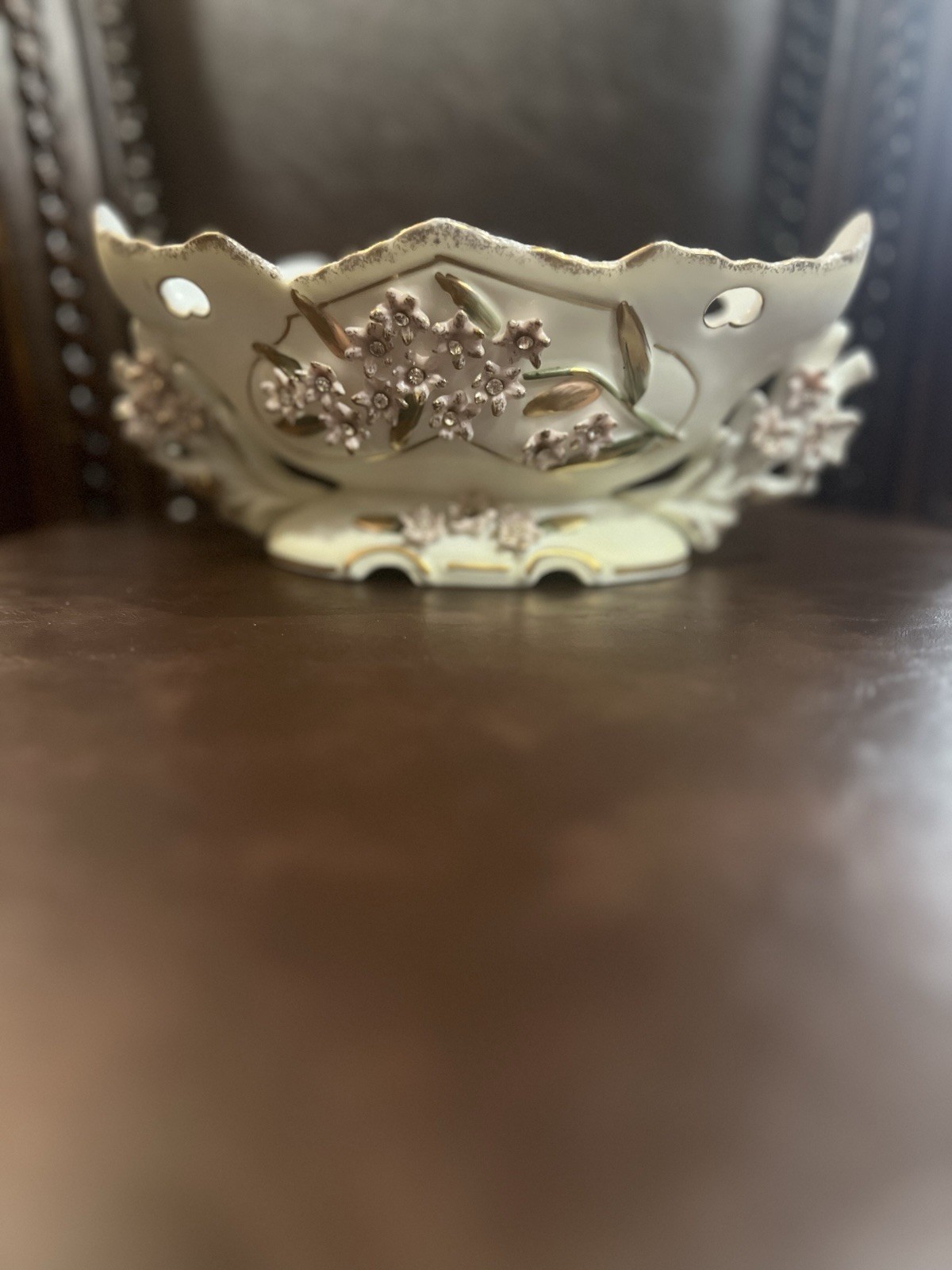Preowned:Coquette Aesthetic Porcelain Flower Rococo Footed Bowl W/ Gold Detail.
