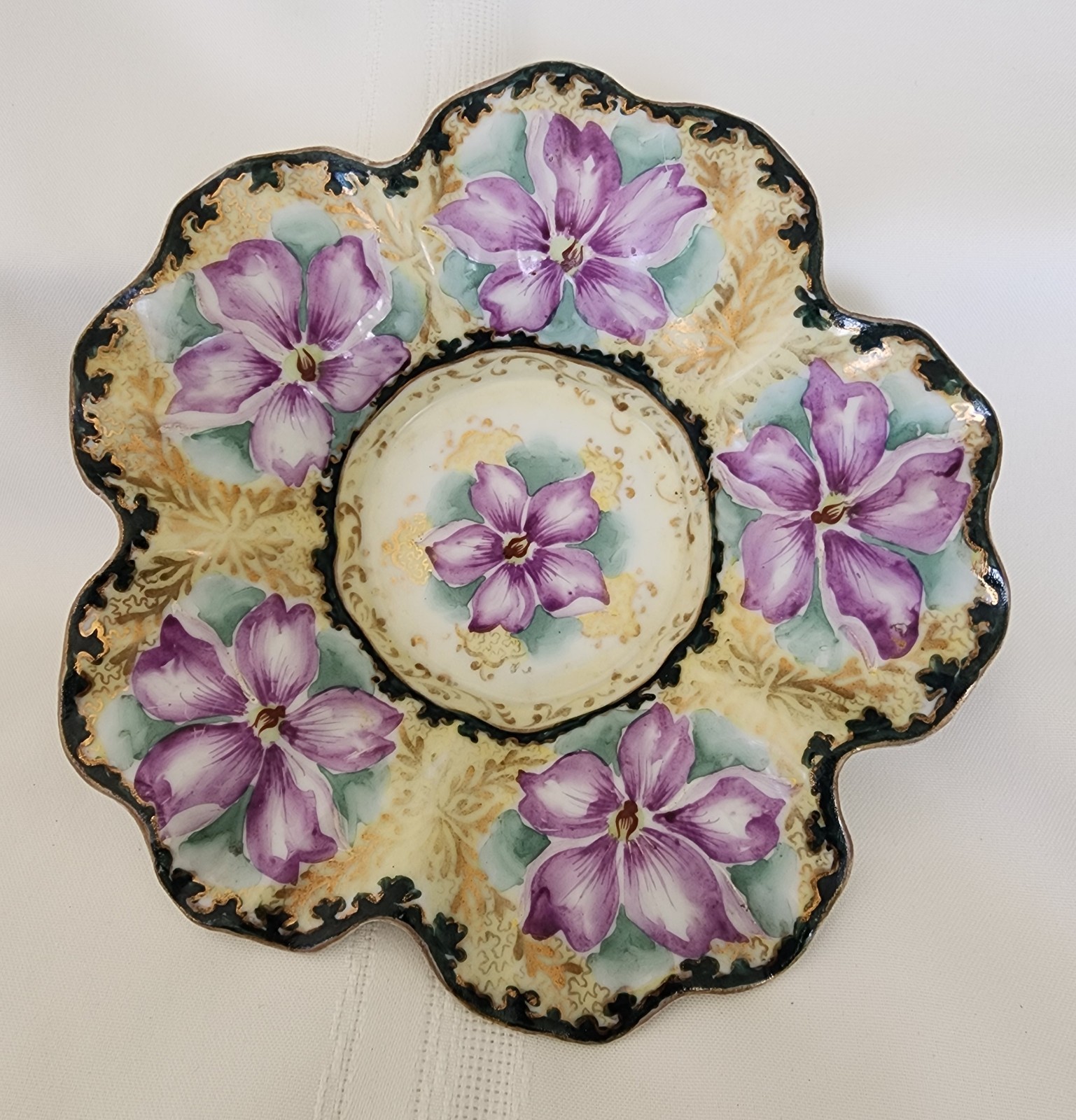 Antique Porcelain Hand Painted Purple & Gilded Floral Ftd Scalloped Bowl 8×2.25