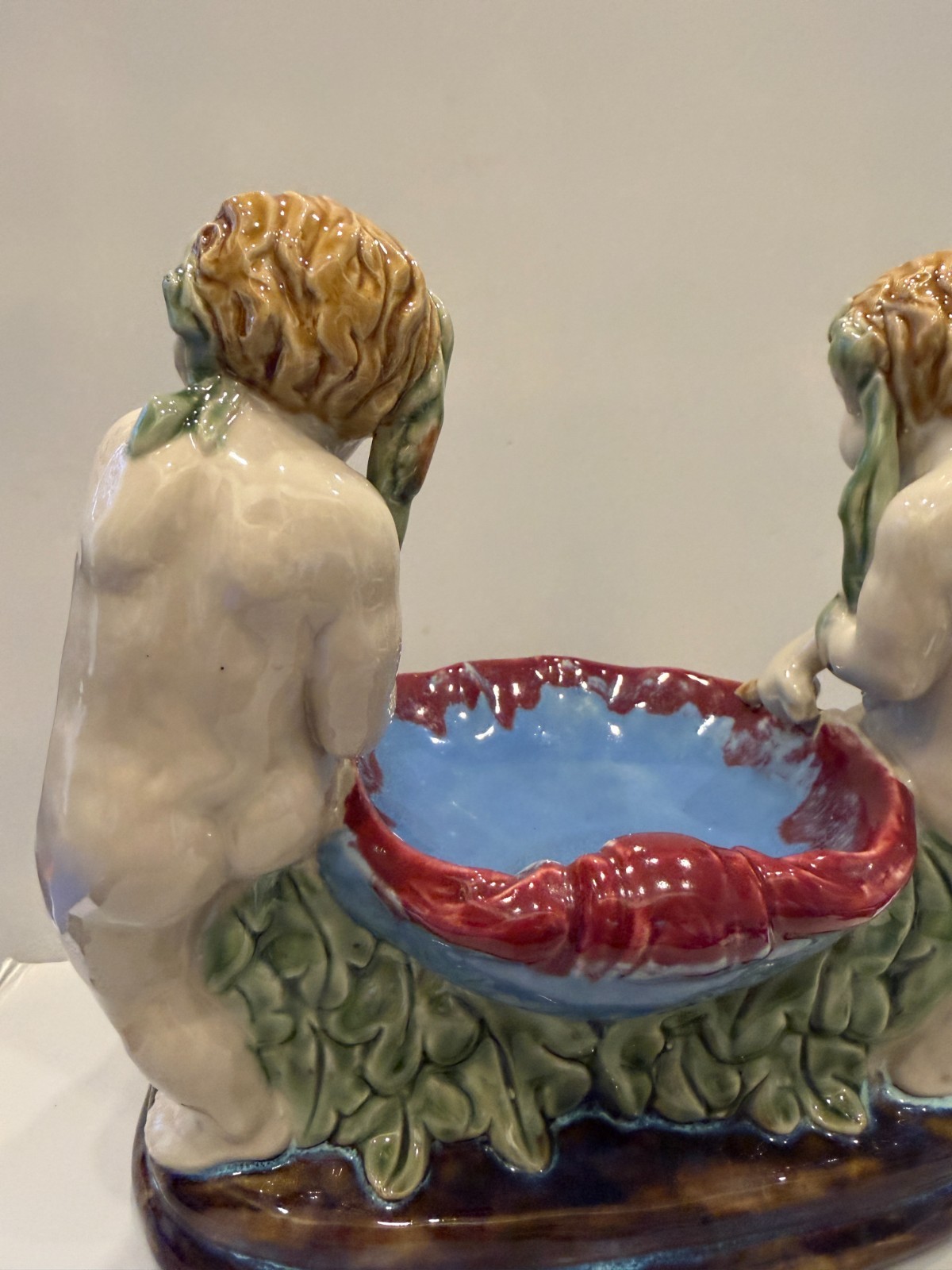 Antique English Majolica Putti Shell Bowl Centerpiece Late Victorian 10 inches