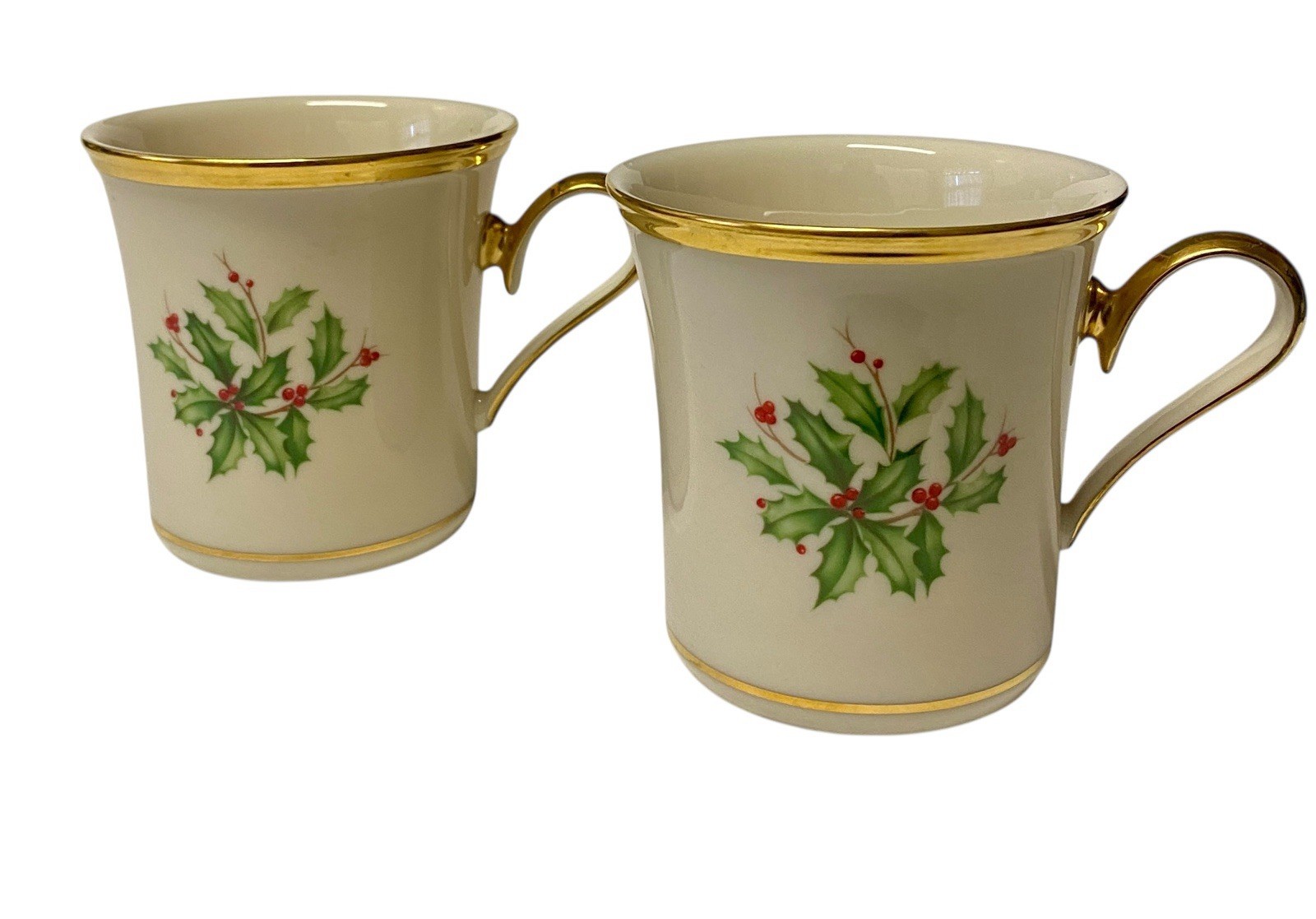 Lenox Holiday Porcelain Mugs Set Of 2 Holly Berries 24K Gold Trim Made In USA