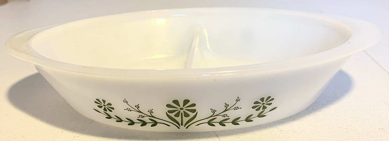 Vintage Glasbake Divided Dish~White w Green Flowers~Daisy~J-2352-Milk Glass
