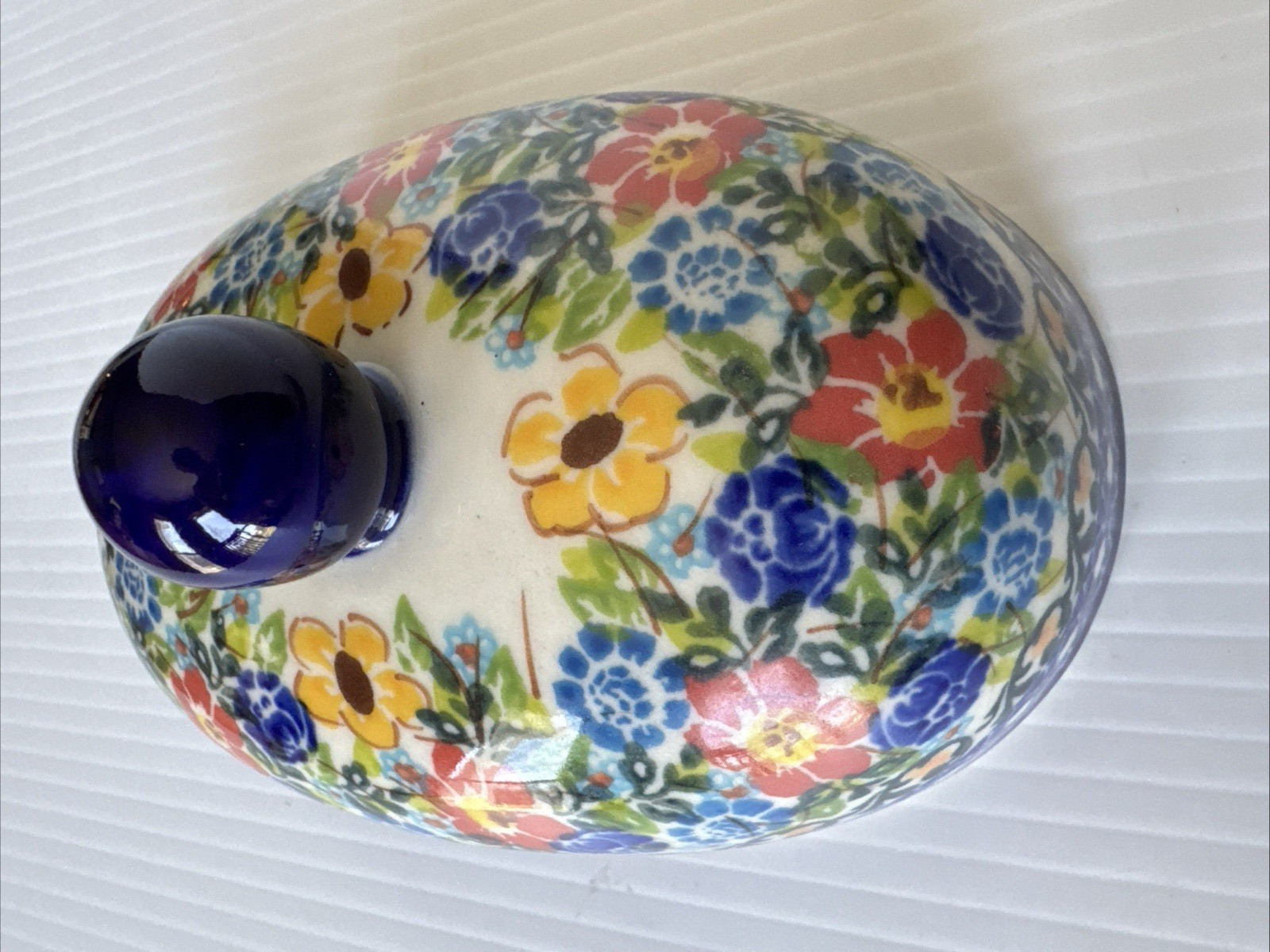 Polish Pottery Butter Dish Unikat 550 Kalich Oval Red Blue Floral 6 1/2″ EUC