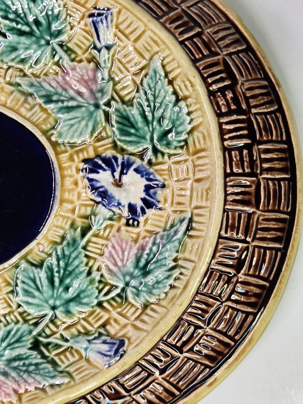 Antique Oval Majolica Basket Weave Footed Platter Floral Bread Bowl Cobalt 12¾”