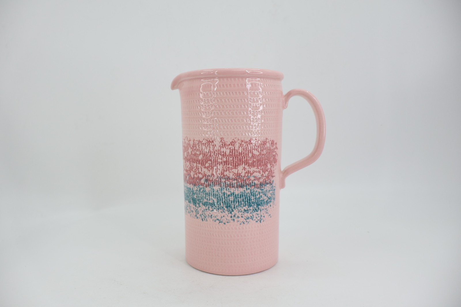 Baldelli Coriano Italy Hand Painted Ceramic Pitcher Pink Teal Stripe Textured
