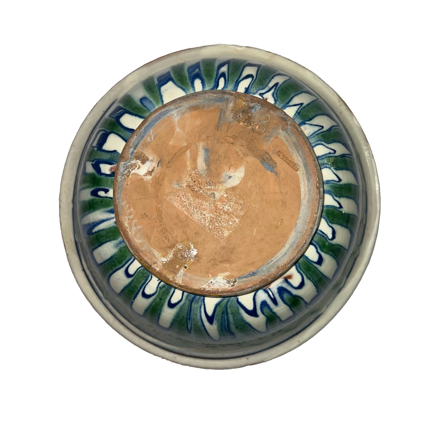 MCM Folk Art Serving Bowl peacock slip trail glaze green and blue swirl mofit