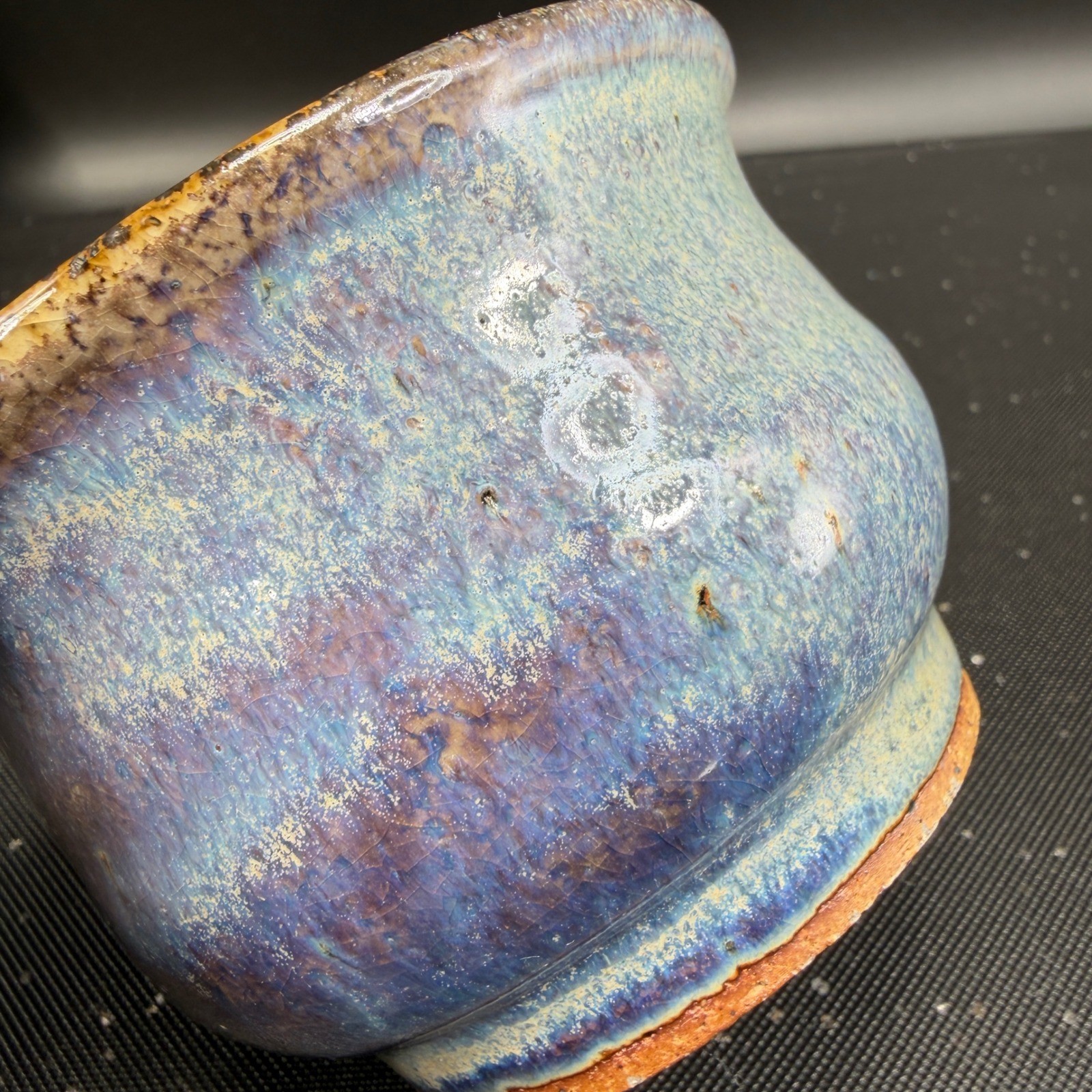 Signed Studio Art Pottery Blue Purple Drip Glaze Stoneware Bowl Handcrafted 4in