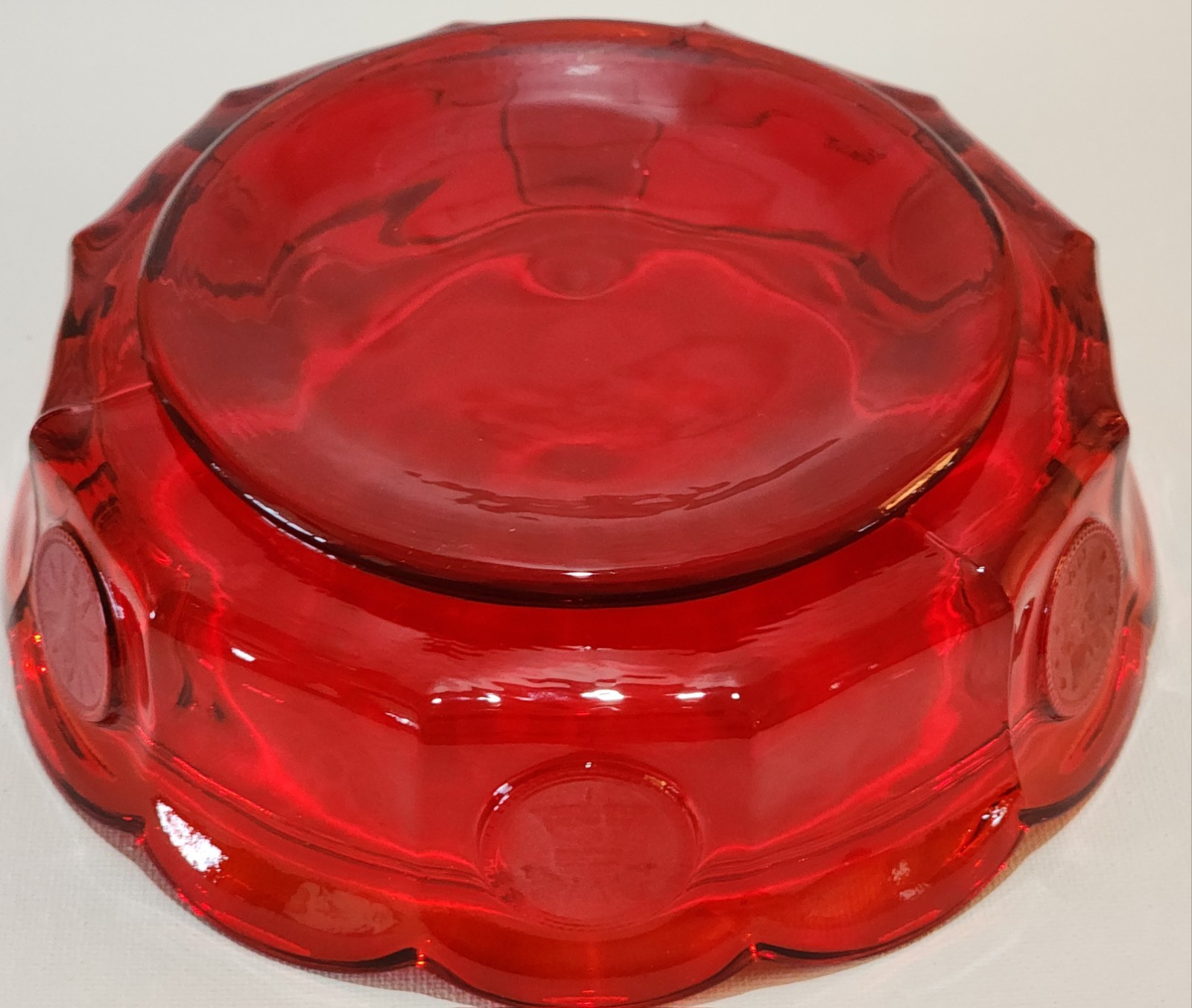 Vtg.Fostoria Coin Glass Ruby Red Covered Candy Dish w/Liberty Emblems 6.5Wx4.25H