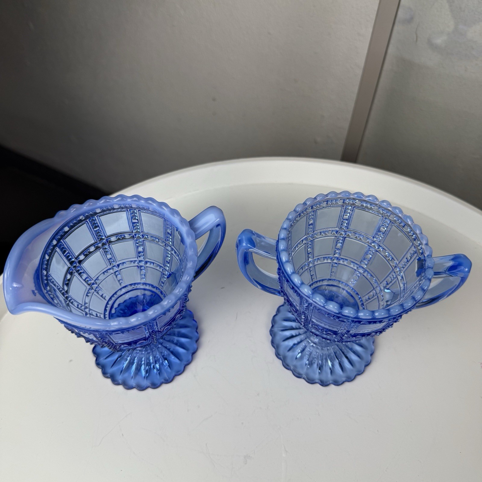 Vintage Deco Imperial Glass Beaded Block Blue Opalescent Cream & Sugar Set c1930