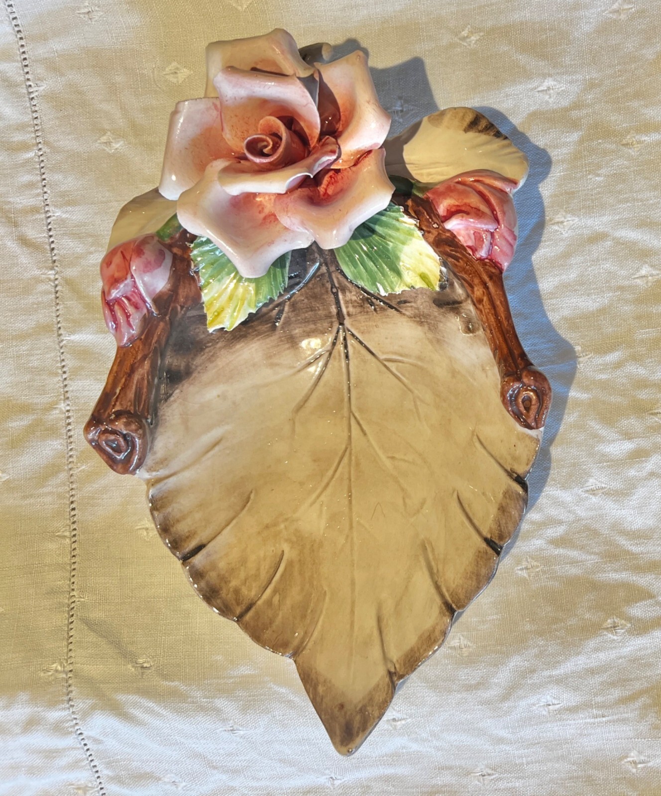 Capodimonte Floral & Leaf Porcelain Dish 10.75″ X 9″ X 3″ Hand Made Italy