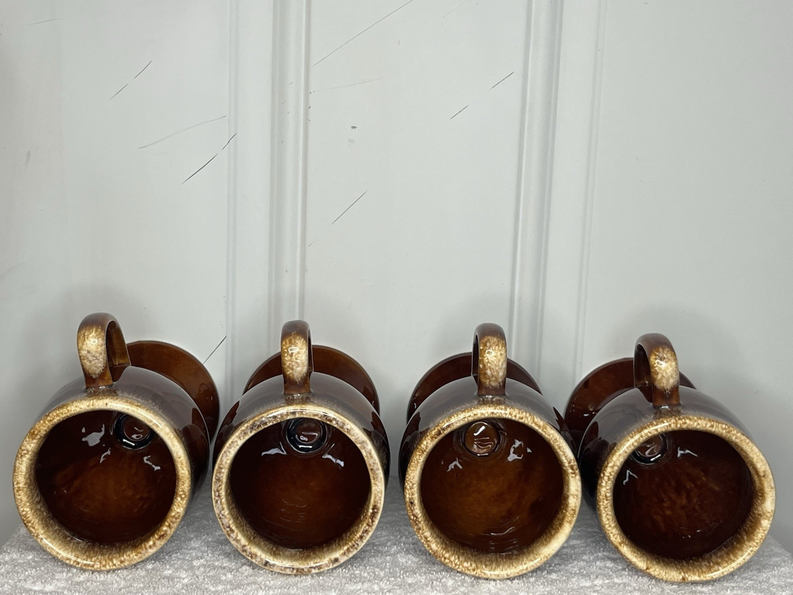 Set of 4 Vintage Hull Pottery Brown Drip Glaze Irish Coffee Pedestal Mugs 6″