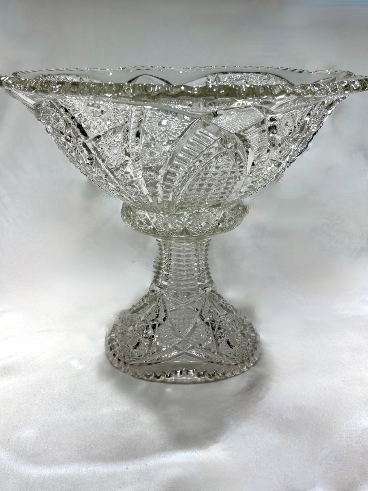 Antique Indiana Glass Paneled Daisy and Fine cut Clear Punch Bowl Base & 6 Cups