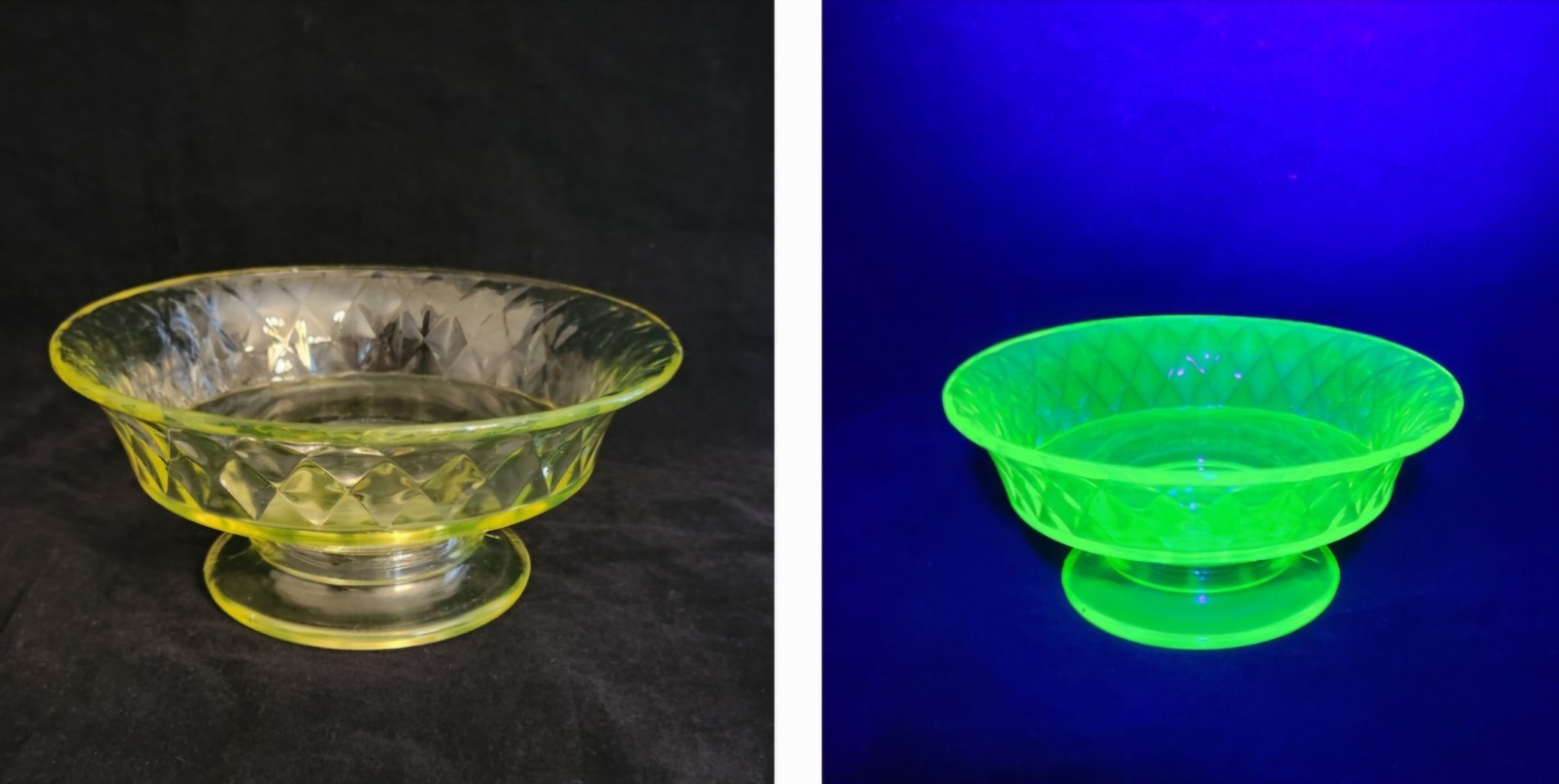 Antique Bryce Vaseline Canary Yellow Uranium Glass Diamond Quilt Compote Bowl