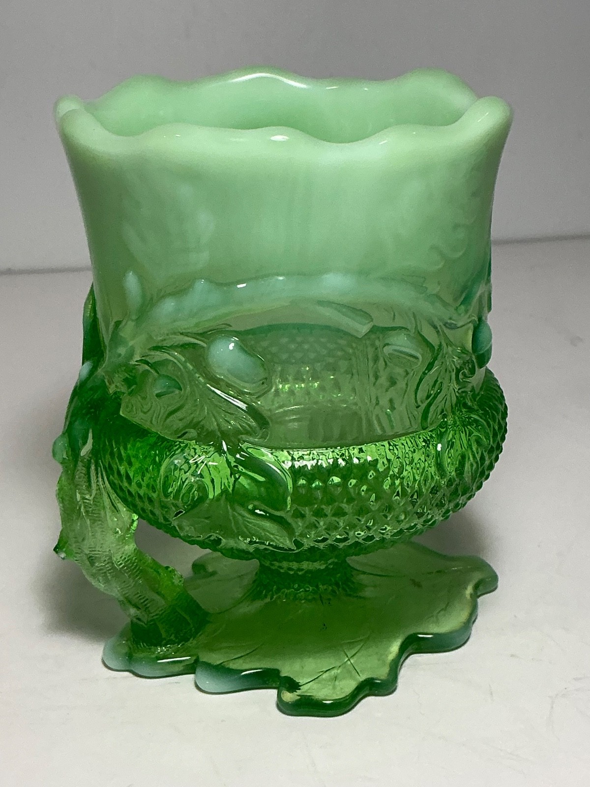Vintage Mosser Glass Green Glass Acorn & Oak Pattern Spooner 5 in.
