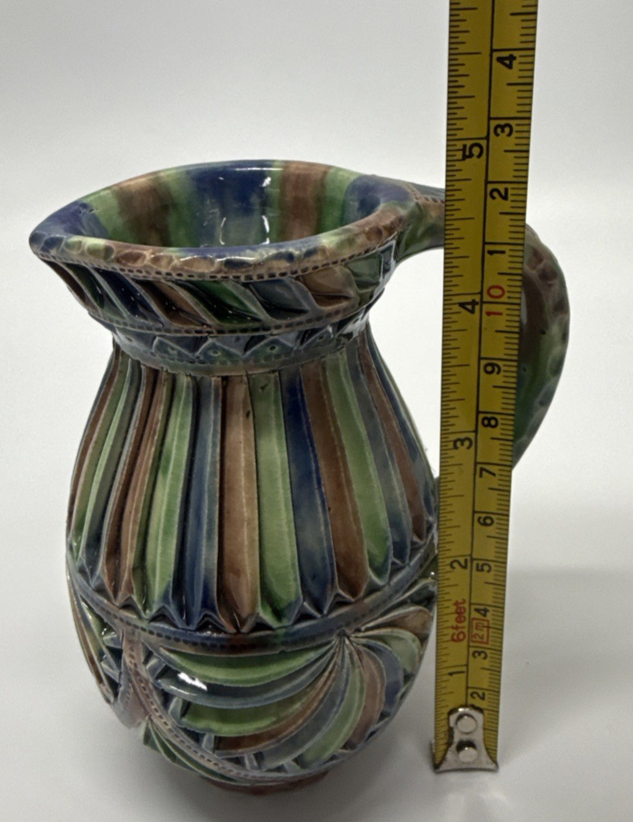 Friesland Dutch Kerfsnee Art Pottery Pitcher Green Blue Brown RF de Boer Holland