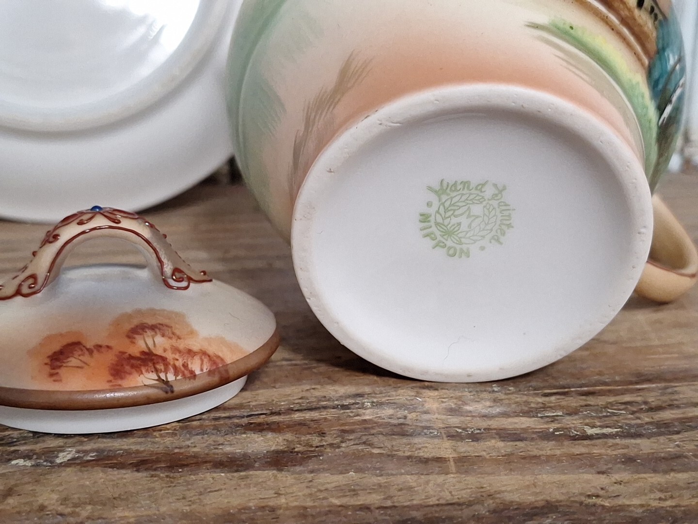 Antique Morimura Nippon Hand Painted Porcelain Creamer with lid, Saucer Moriage