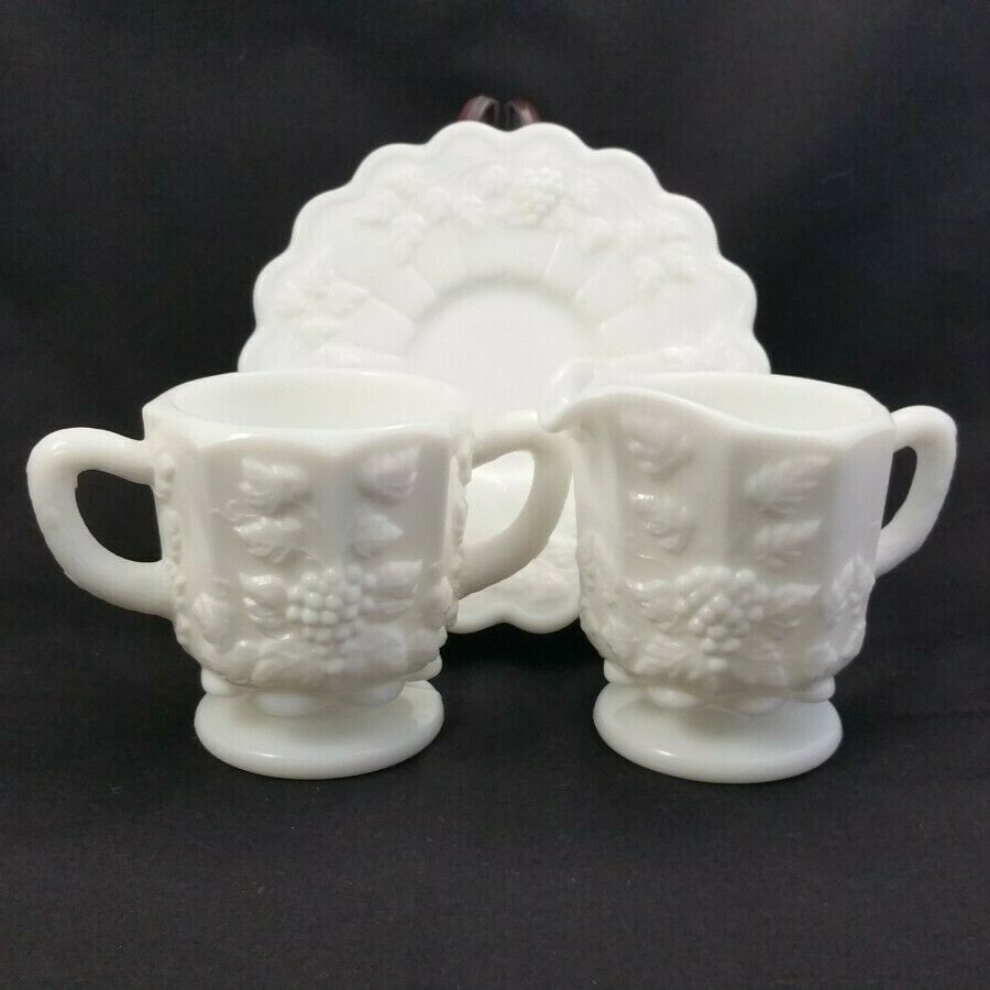 Vintage Westmoreland Milk Glass Grape Pattern Sugar Creamer & Saucer