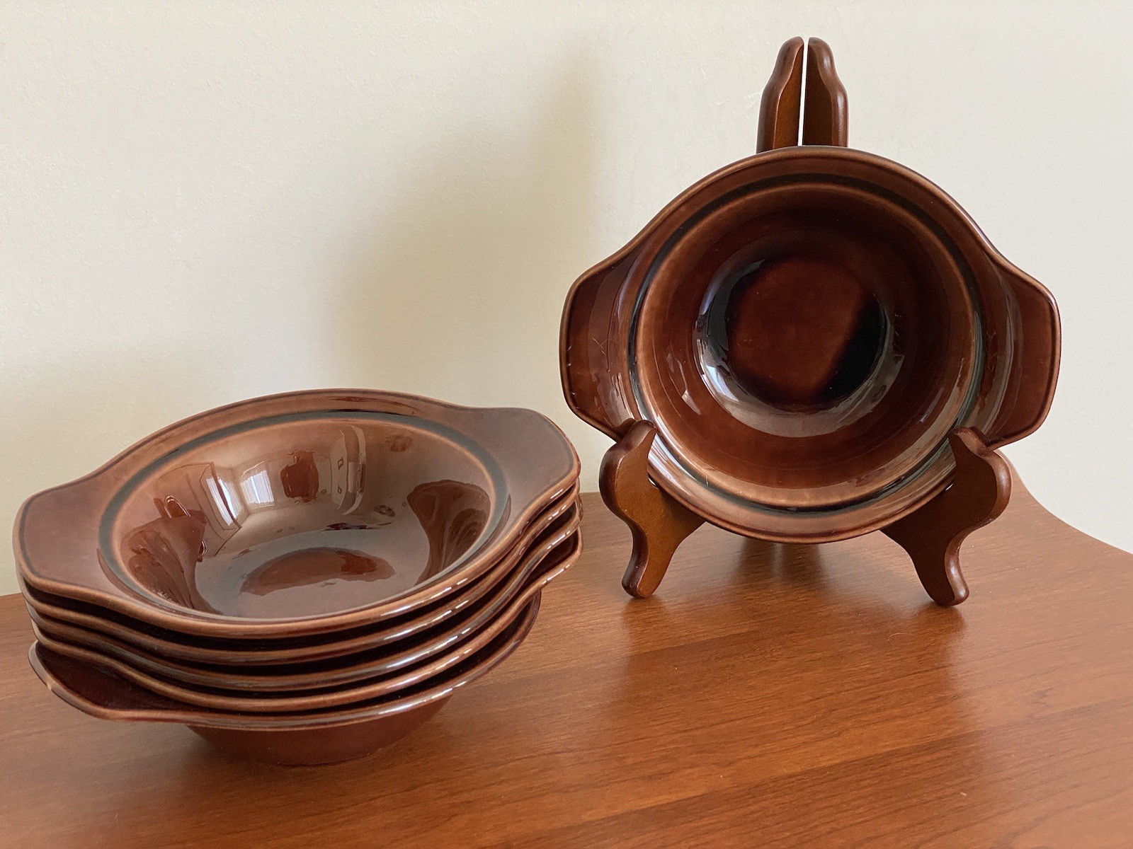 Set Of 6 Early California Brown Lugged Chowder Soup Bowls Vernon Kilns Vintage
