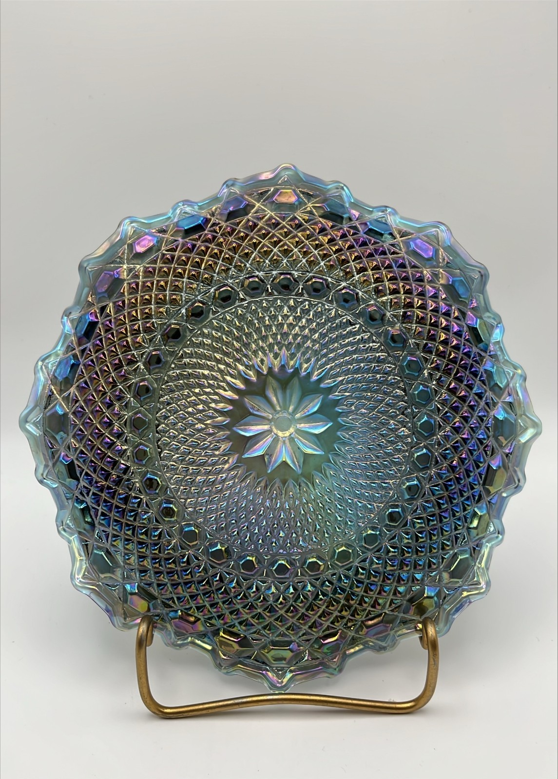 Vintage Indiana Glass Windsor Blue Carnival Glass 6.5″ Iridescent Plate Ruffled