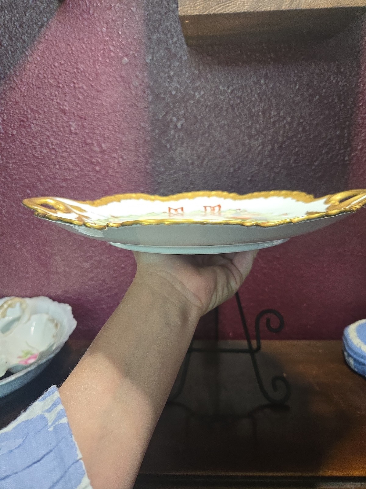 Hand Painted Ceramic Fruit Holly Berry Handled Platter Heavy Gold Trim Signed