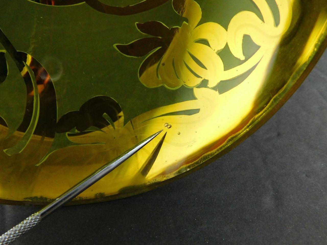 Art Glass Tall Stem Compote Dish Nouveau Floral Gold Green Clear X Mark