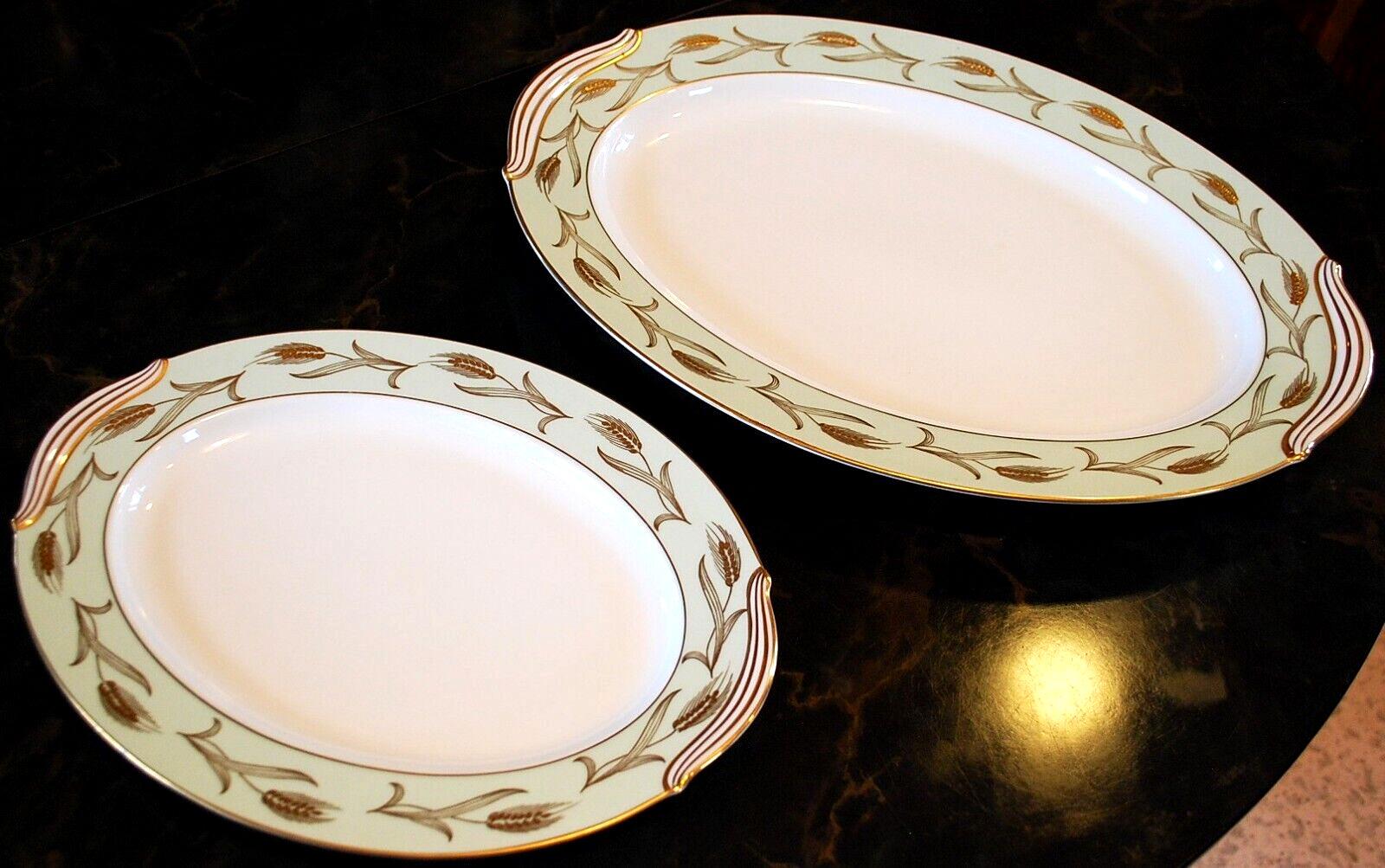 Set 2 Vintage Noritake ALICE Platters 16″ & 12″ GOLD WHEAT ON AQUA BAND c1951
