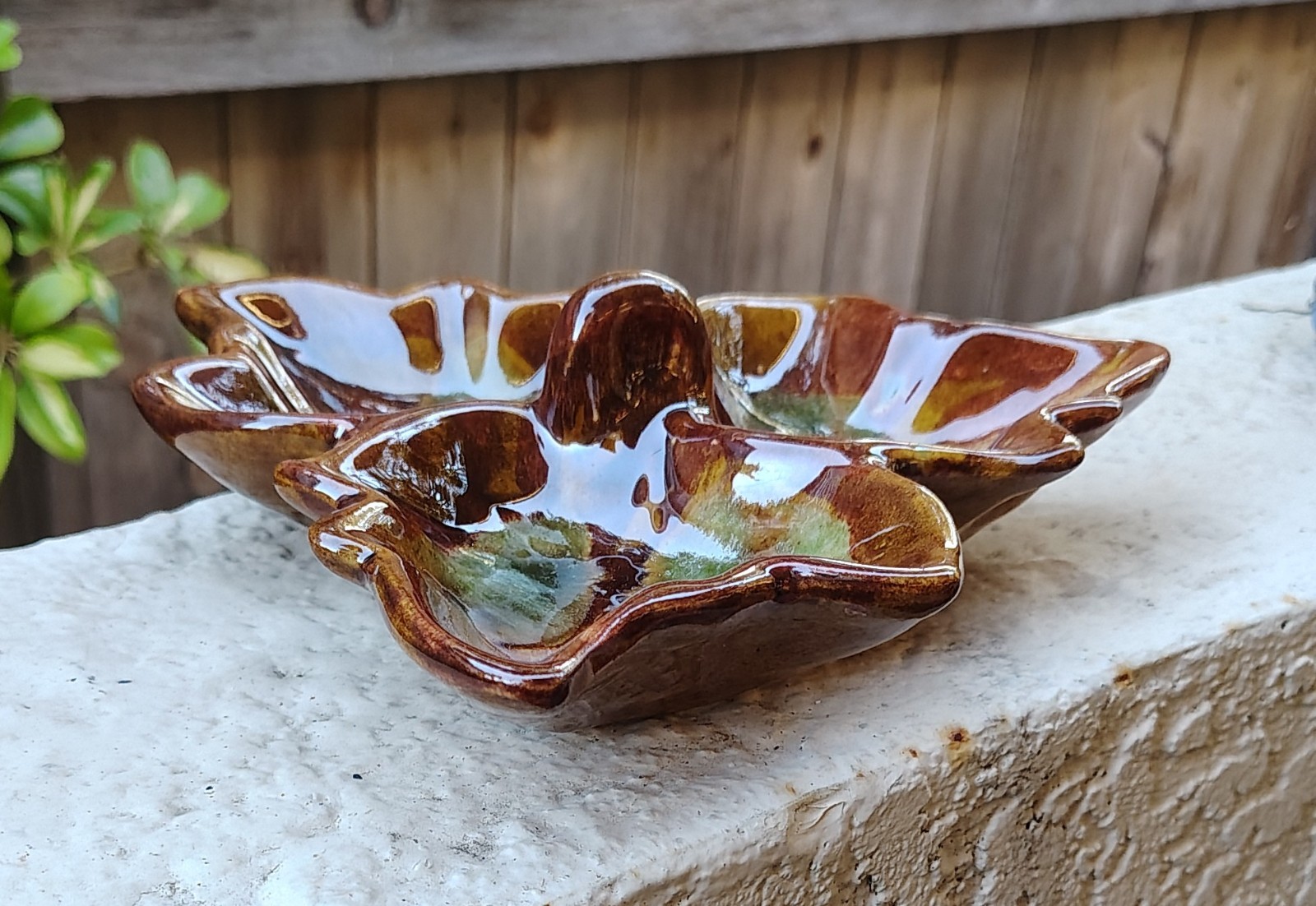 Vintage Hot Springs Pottery Drip-Glaze Leaf Dish Trinket Bowl