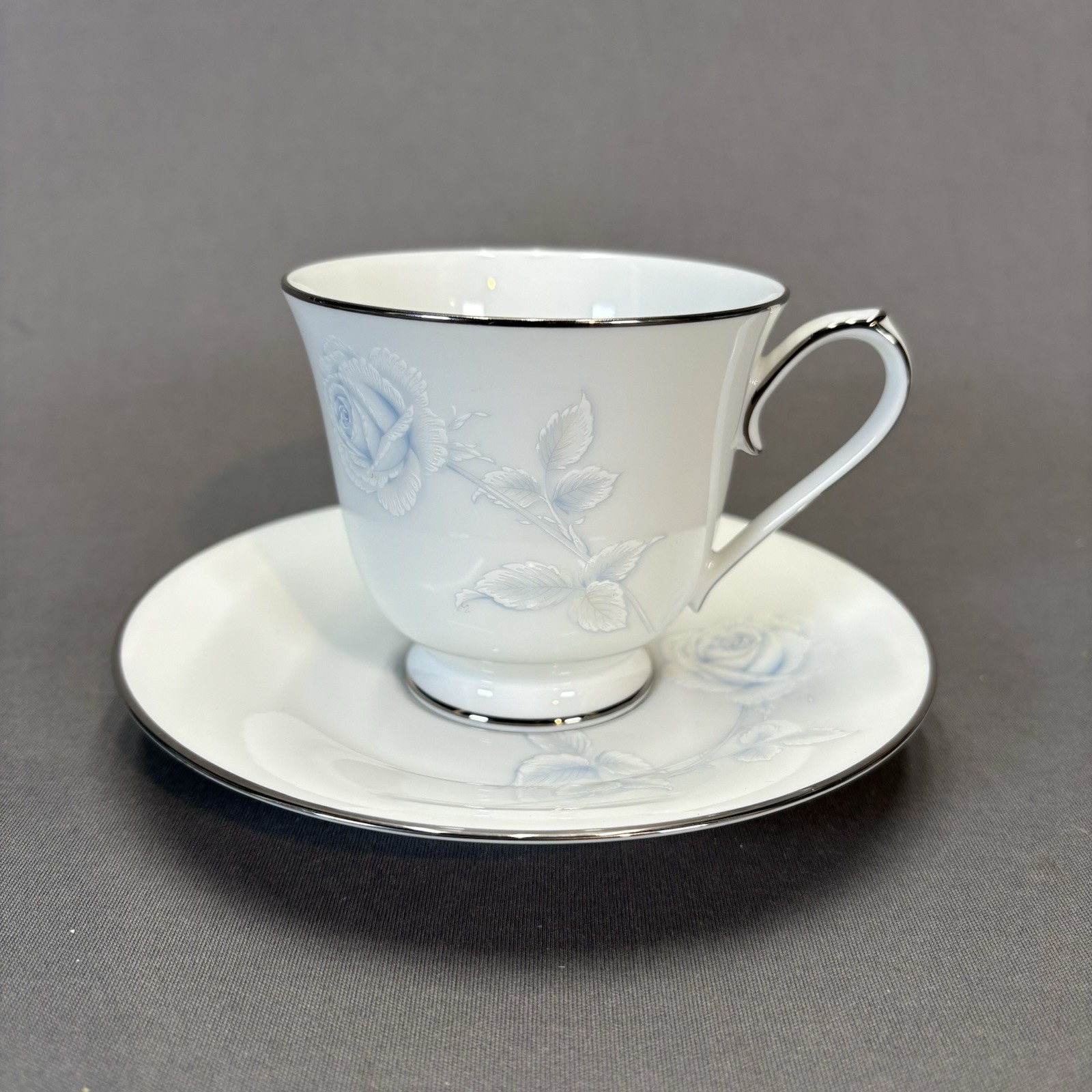 Noritake Virtue 2934 Cup and Saucer Replacements White Blue Roses Platinum Trim