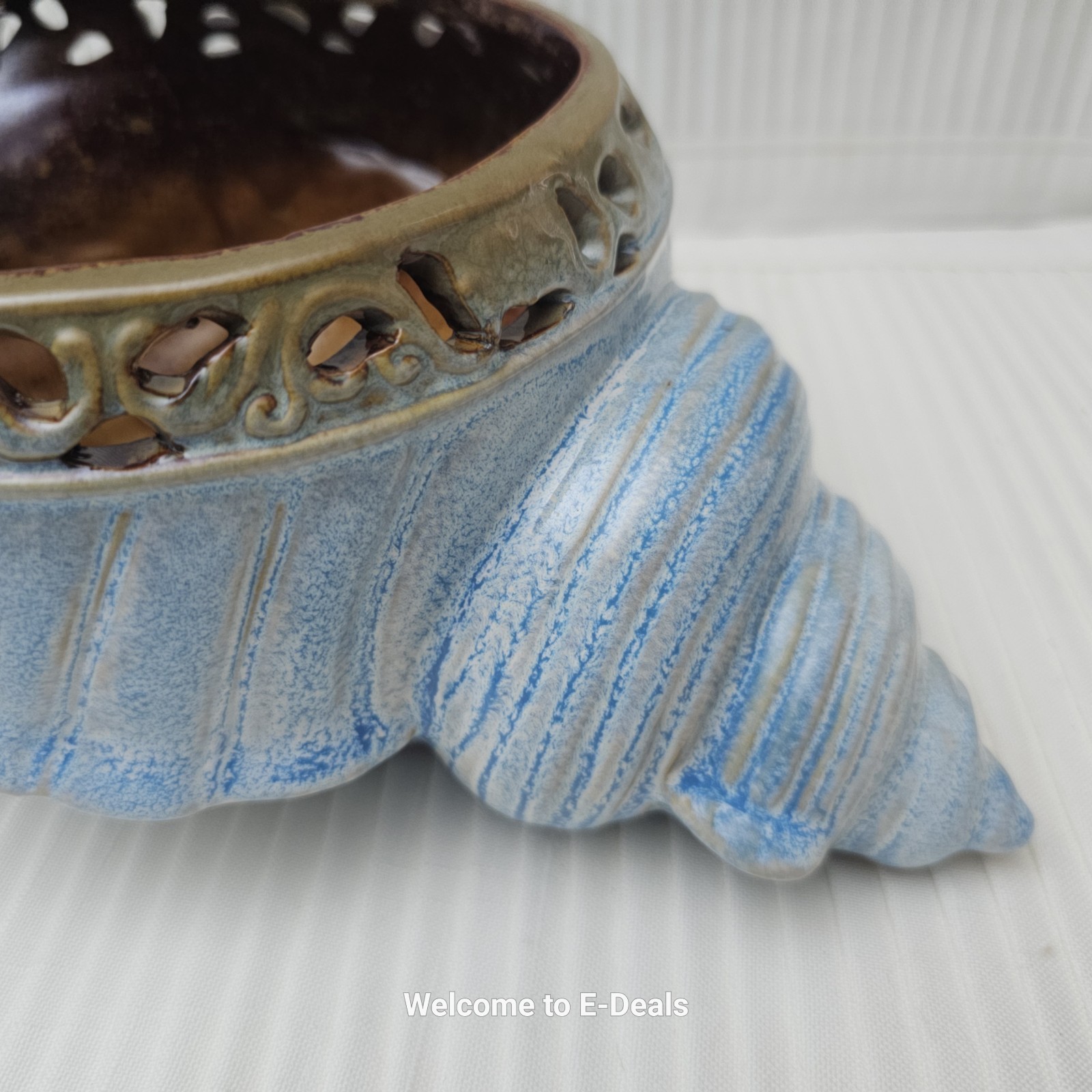 VINTAGE Blue Brown Glazed Ceramic Conch Shell Bowl