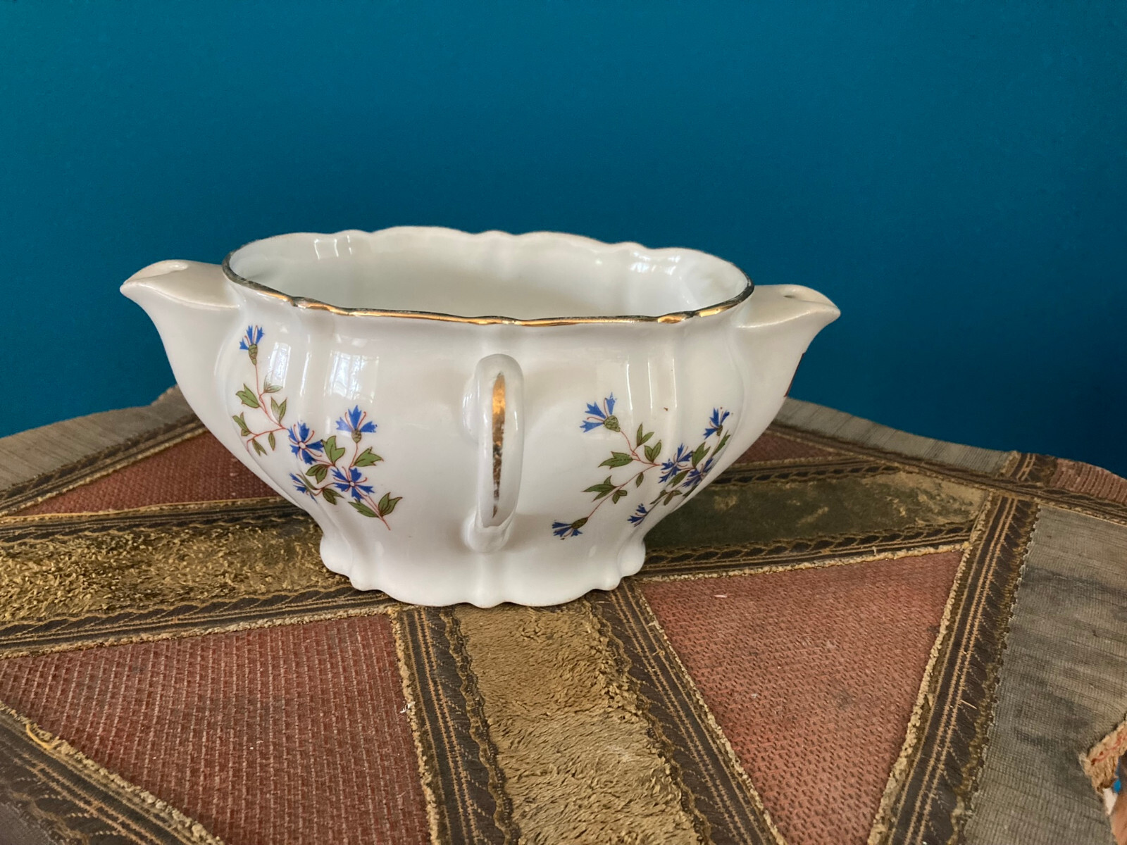 Vintage White Floral Porcelain Double Spout Gravy Boat