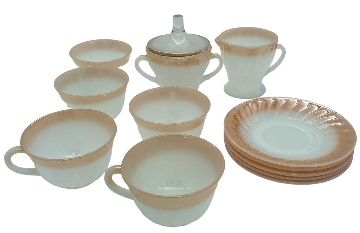 Vintage Fire King Peach Milk WhiteSwirl 12 Piece Set Vintage USA Made