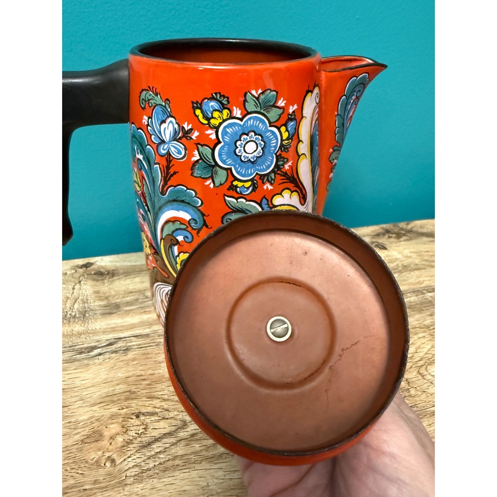 Scandinavian Vintage Coffee Pot Orange Floral Enamelware Retro Boho MCM Carafe