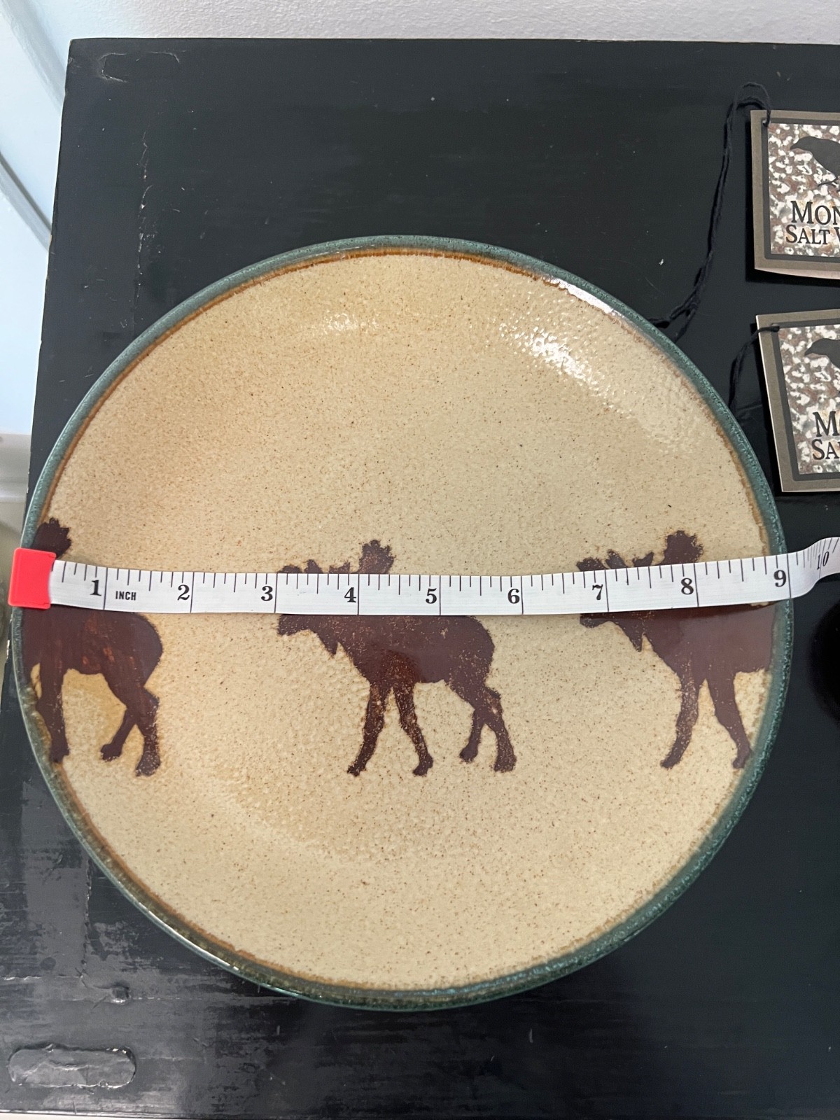 New set of 4 Monroe Salt Works Moose Stoneware Plates Maine Pottery Green Rim 9”