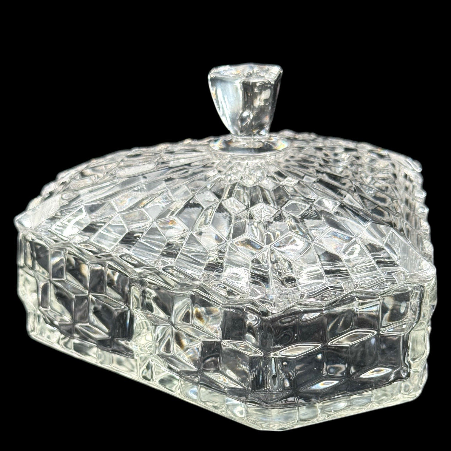 Fostoria American Cubist Covered Candy Dish, Hexagon 3 Section Glass Server MCM
