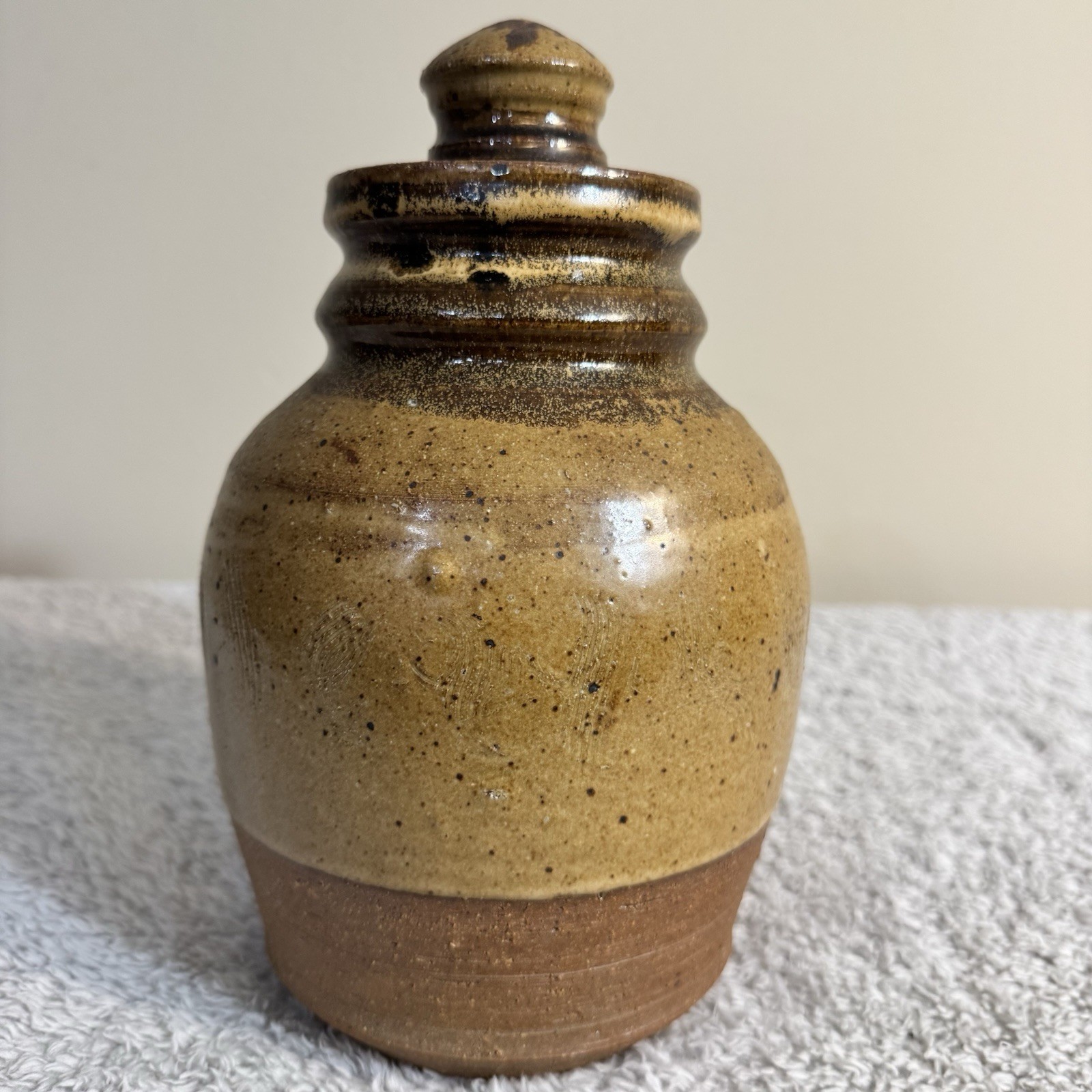 Vintage Studio Pottery Lidded Jar – Hand Thrown – Earth Tone Drip Glaze – Rustic
