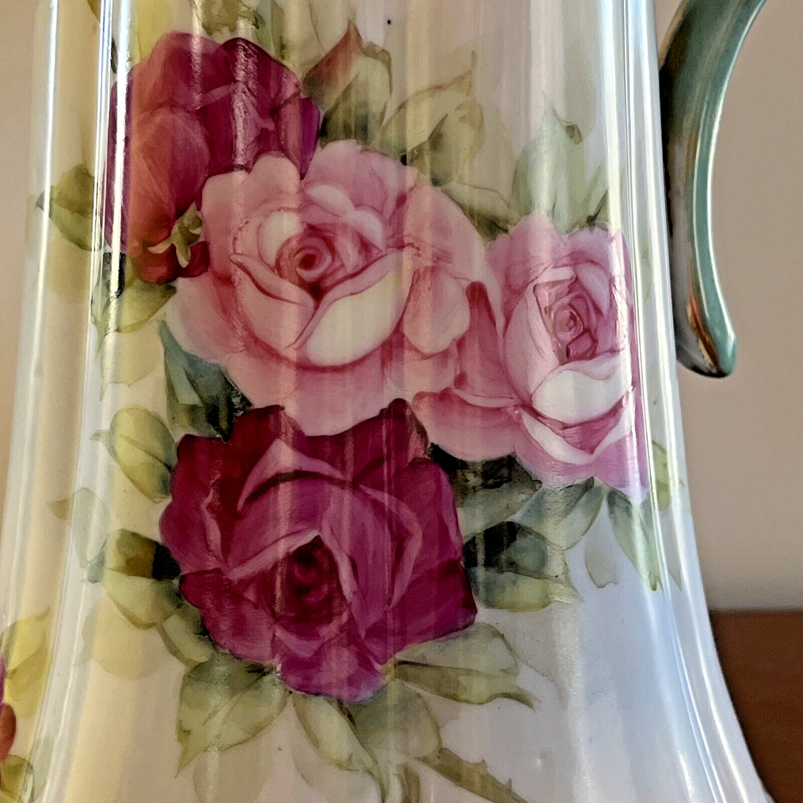Antique Tall Pitcher Hand Painted Vase Tankard Ewer Roses Gold 15.5