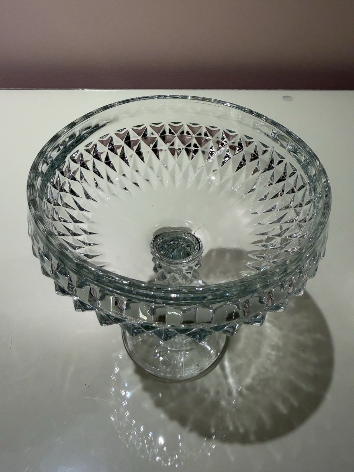 INDIANA GLASS Co. Pedestal Diamond Point Compote Candy Dish Bowl Barely Blue USA