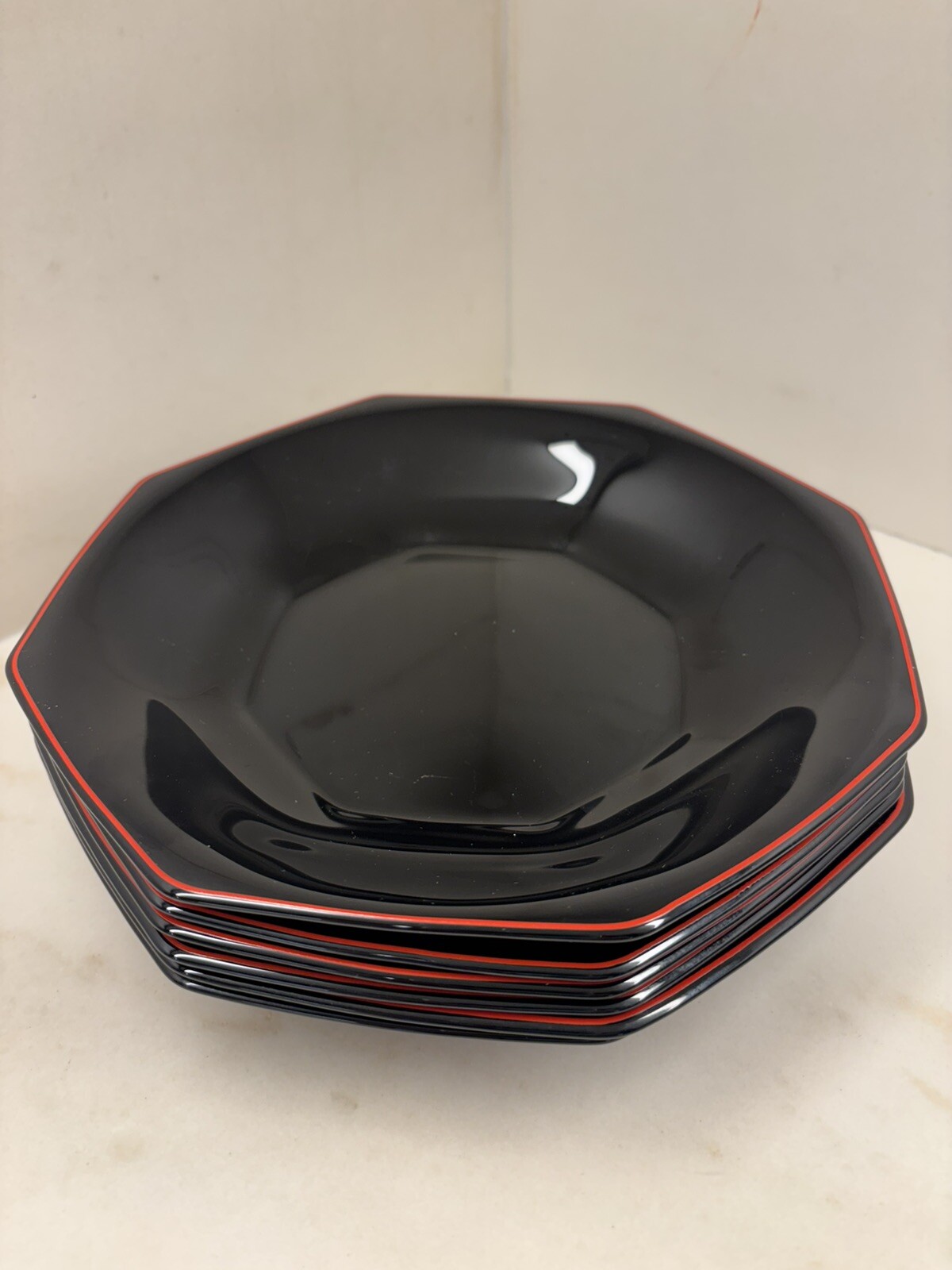 6 Vintage ARCOROC Octime Black Hollow Plates With Red Trim