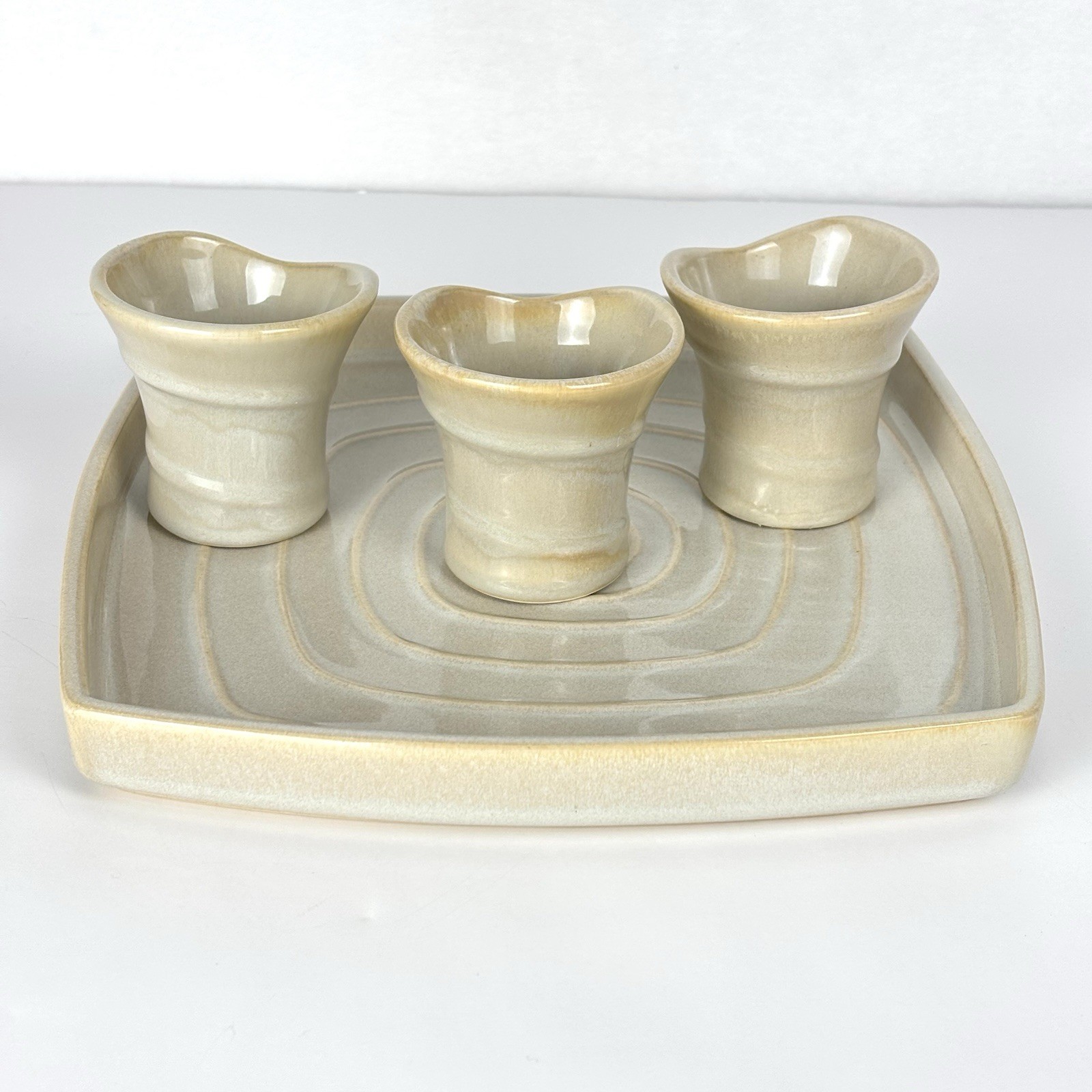 American Atelier At Home Synergy Beige Stoneware Sake Set Tray & 3 Cups Pottery
